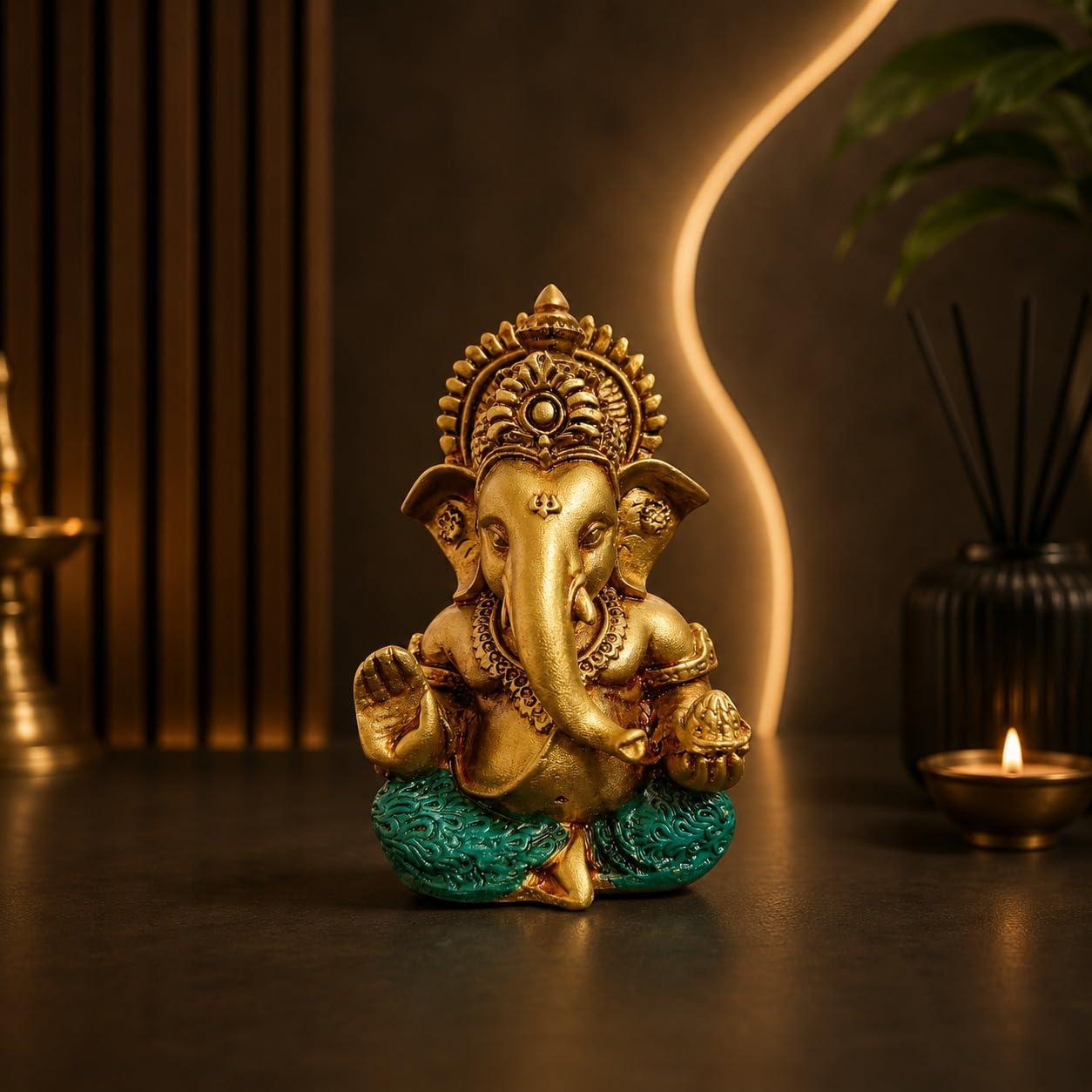 Idoflaura Antique Lord Ganesha Idol for Car Dashboard | Ganpati Bappa Murti | Resin Golden Ganesh Statue | Small Hindu God Idol for Home Temple Decor & Gift