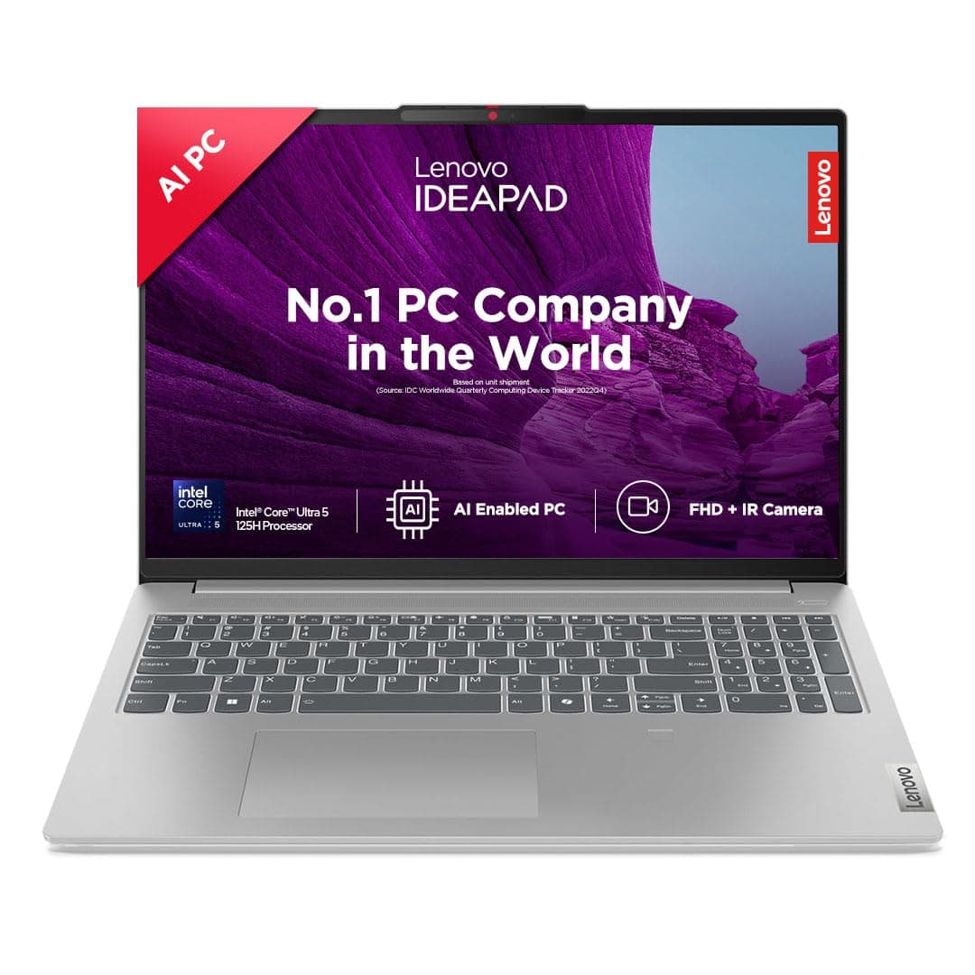 Lenovo IdeaPad Slim 5, Intel Core Ultra 5 125H, 16GB RAM, 1TB SSD, WUXGA-IPS, 16"/40.6cm, Windows 11, Office Home 2024, Grey, 1.8Kg, AI PC, FHD+IR, 1Yr ADP Free, 83DC0096IN, AI Powered Laptop