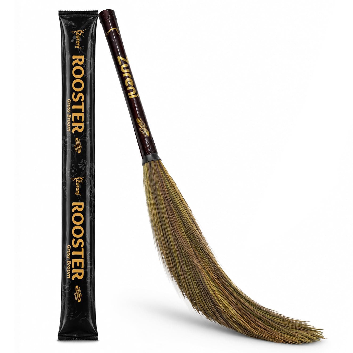 Zureni BR-01 Rooster Broom Phool Jhadu Natural Mizoram Heavy Duty 17.3 inchs Long Grass with Laminated Plastic Handle, Dust Removal, and Floor Cleaning