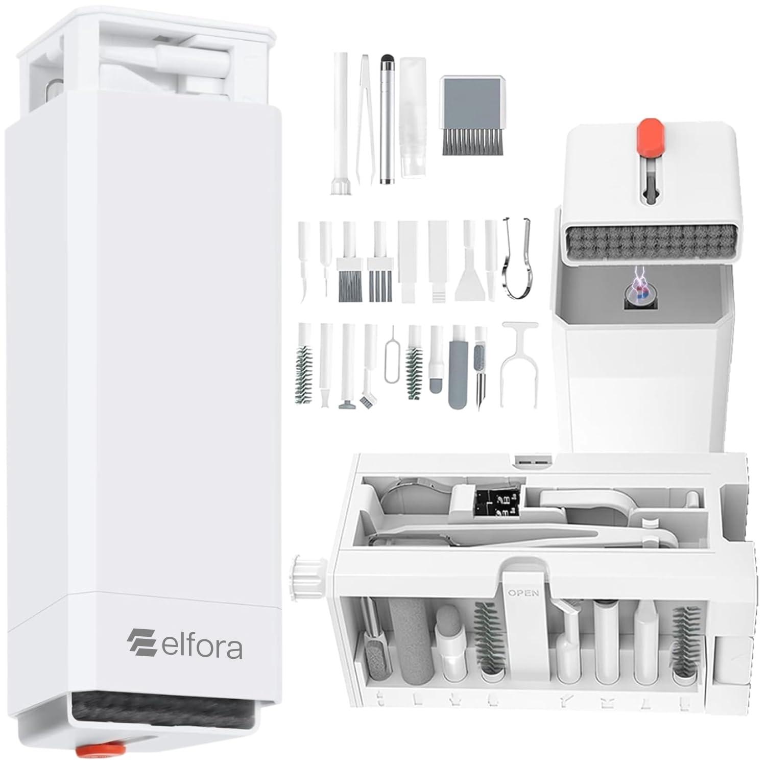 Elfora 32 in 1 Cleaning Tool Kit with Screen Cleaner, Spray Bottle, Tweezer, Brush, SIM Tool & Key Puller| Multi Device Cleaner for PC, Laptop, iPhone, iPad, MacBook, Airpods, Camera & Keyboard(White)