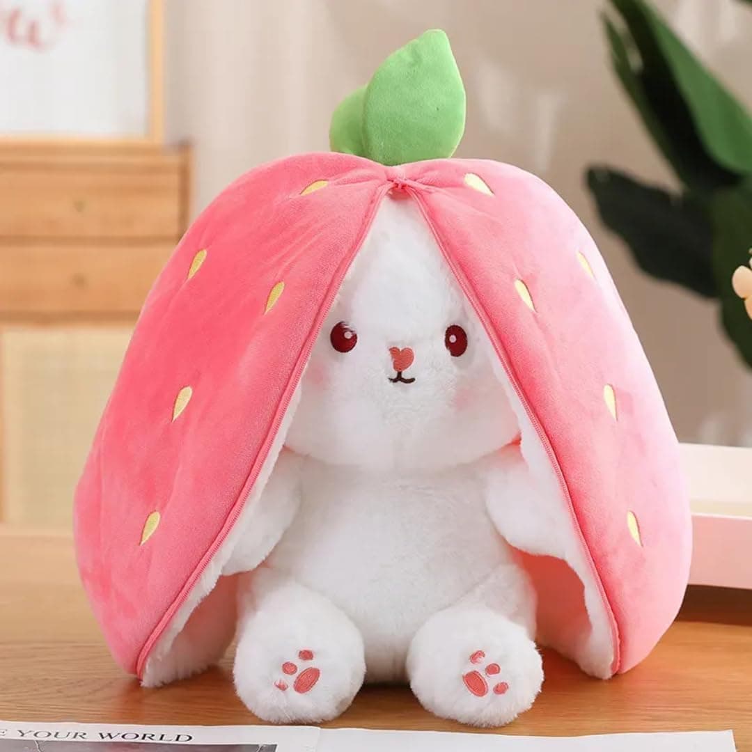 Niku Rabbit with Chain Reversible Bunny Rabbit Soft Stuffed Toys for Girls Boys Baby Kids | Cute Doll, Teddy Bear Plush Animal Toy | Strawberry/Carrot Shaped Pink Colour | Birthday Valentine Gift
