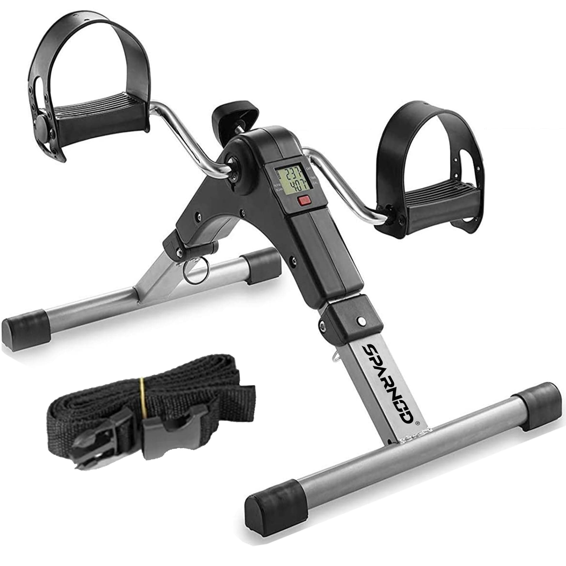 SPARNOD FITNESS SMB-100 Mini Cycle Pedal Exerciser with Fixing Strap, Adjustable Resistance and Digital Display - Suitable for Light Exercise of Legs, Arms, and Physiotherapy at Home