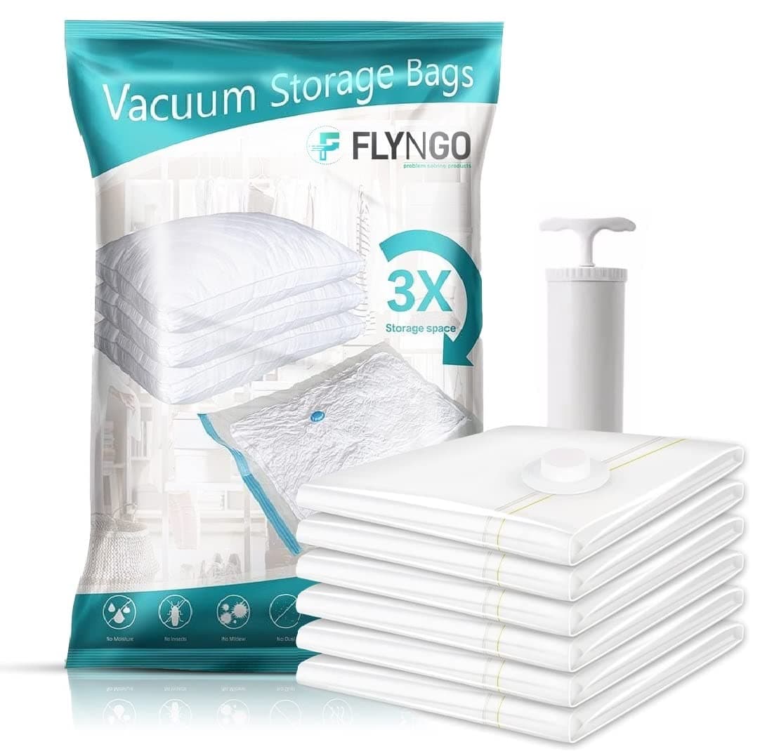 FLYNGO Polypropylene Reusable Ziplock Vacuum Storage Space Saver Bags For Clothes With Travel Hand Pump-Pack Of 5,White