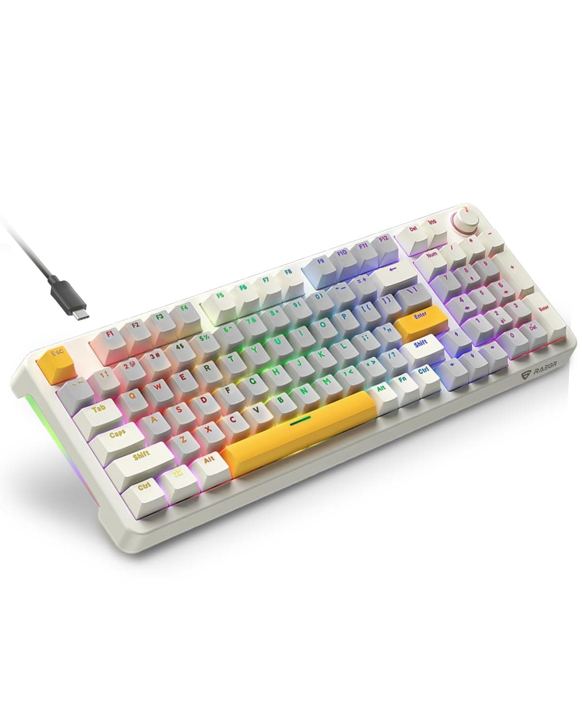 RAEGR MechGear X100 Mechanical Gaming Keyboard, 98 Keys Compact Full Size, Rainbow Backlit, Hot-Swappable Switches, Multi-Function Volume Knob with Detachable Cable – RG10597 Retro White/Grey