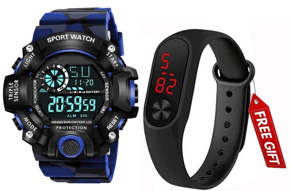 Acnos® Premium Brand - Digital Watch with Blue Shockproof Multi-Functional Automatic 5 Color Army Strap Waterproof Digital Sports Watch for Men's Kids Watch for Boys - for Men Pack of 2