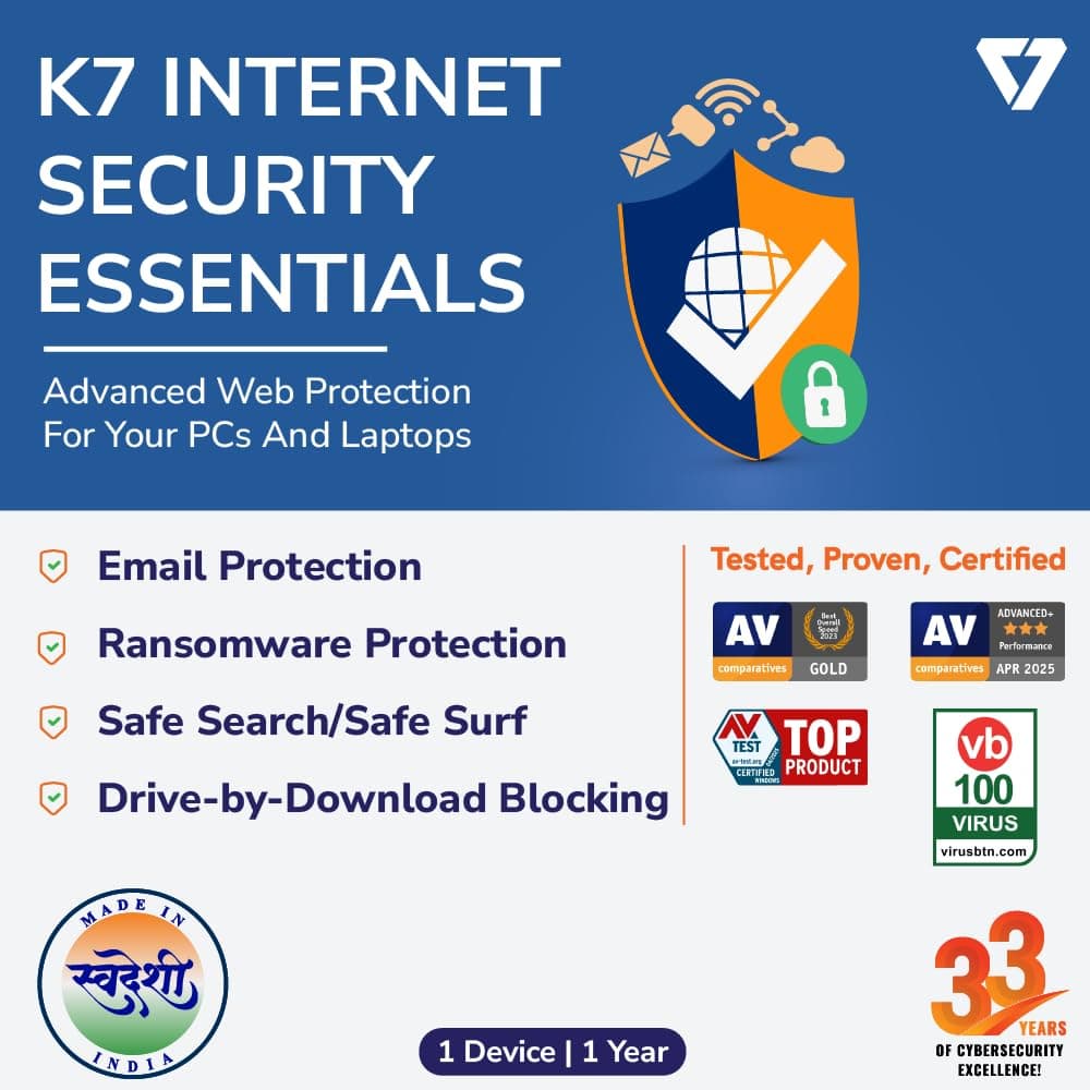 K7 Internet Security 2025 | 1 Device 1 Year | Email Protection, Internet Protection, Safe Search/Safe Surf | Email Delivery in 2 Hours - No CD