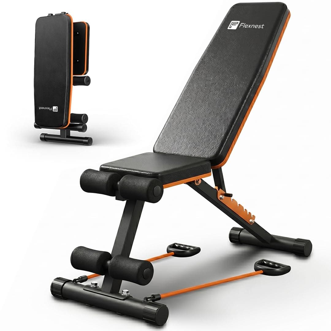Flexnest Commercial Grade Adjustable And Foldable Gym Bench Incline,Decline & Flat 250 Kg Capacity Fitness Gym Bench with Resistance Ropes For Home Workout,Premium Leather Adjustable Multi-Purpose Machine - Black (Flexbench EZ)