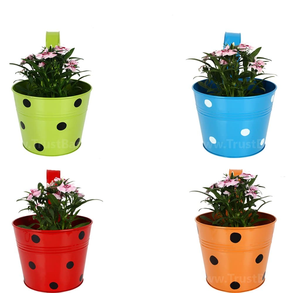 TrustBasket Set of 4 - Single Plant Railing planters - Dotted Blue, Orange,Red,Green| Heavy Duty Highly Durable Plant containerGamla for Indoor Home Decor & Outdoor Balcony Garden