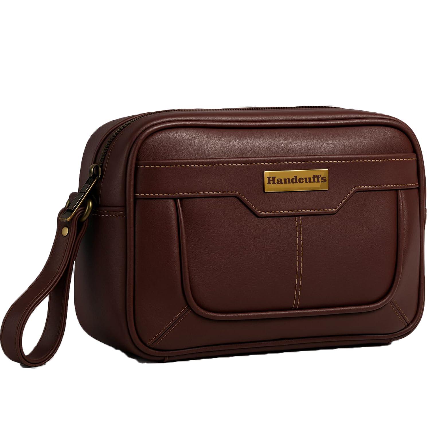 Handcuffs Toiletry Bag for Men | Travel Essentials Kit | Grooming Handbag | Toiletries Shaving Kit | Cosmetics Accessories Pouch | Multipurpose Organizer Bag for Daily Use (Brown)