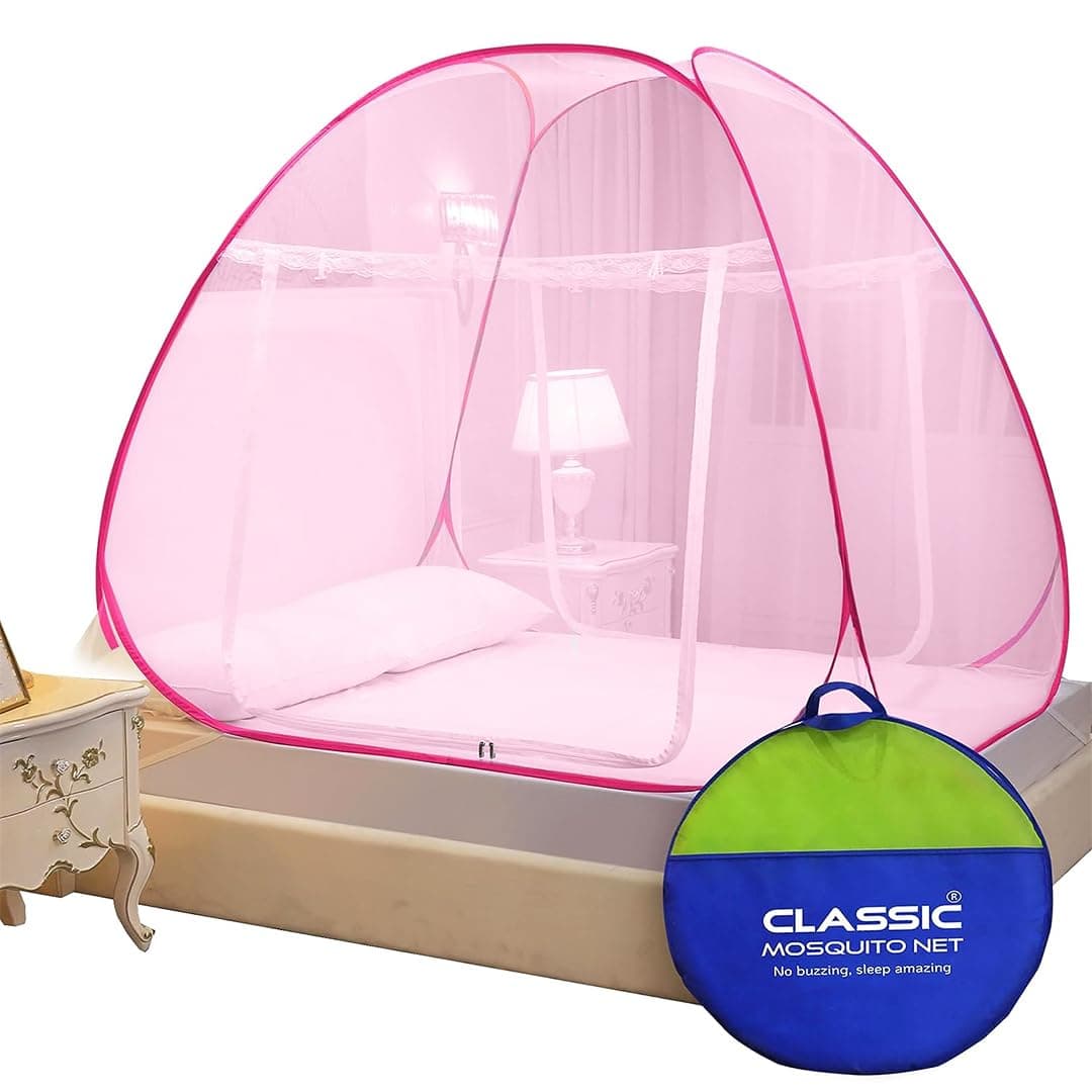 Classic Mosquito Net for King Size Bed | 30 GSM Polyester Fine Mesh | Foldable Pop Up Machardani for Double Bed | 360° Mosquito & Insect Protection | Washable & Reusable | Full Pink