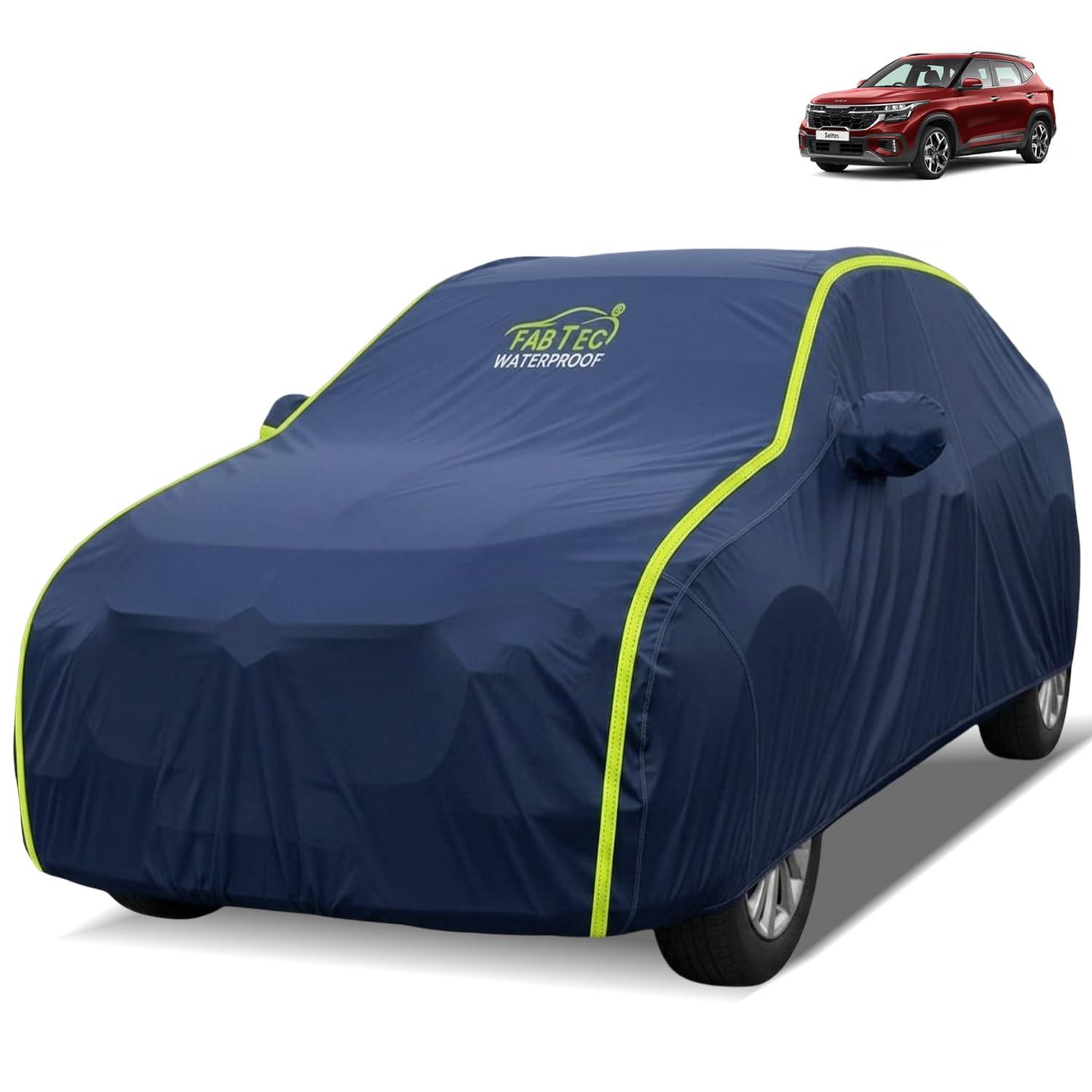 FABTEC Waterproof Car Body Cover for Kia Seltos Outdoor/Indoor All Weather Protection with Mirror Pocket Triple Stitched (Premium Navy Blue with Neon Piping)