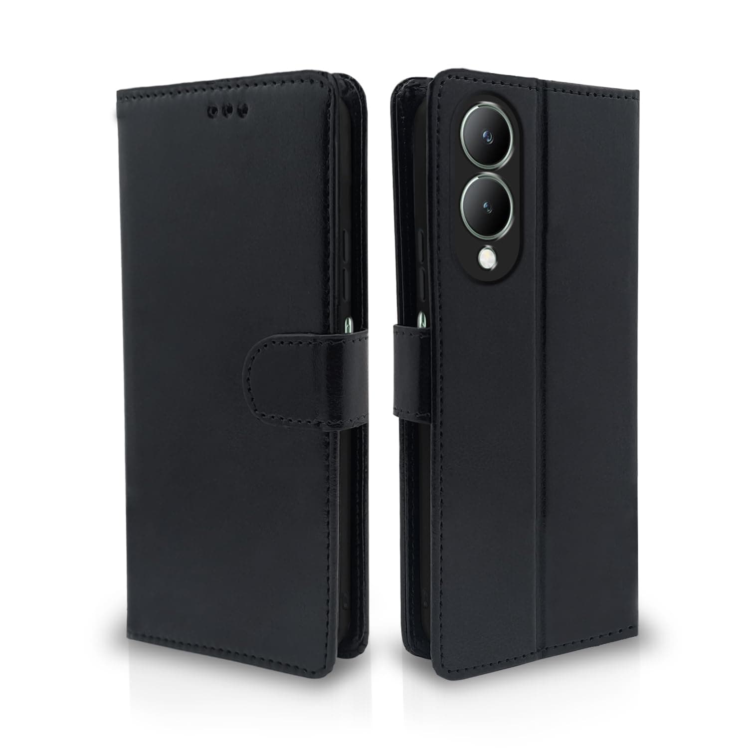 Pikkme Flip Cover for Vivo Y17s | Leather Finish | Shockproof with Card Pockets & Wallet Stand | Ultimate Protection Case(Black)
