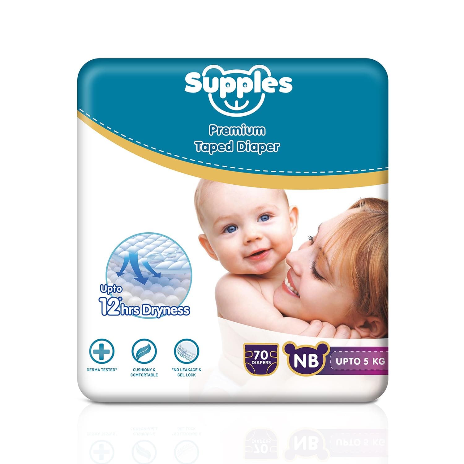 Amazon Brand - Supples Premium Newborn Taped Diapers | Derma Tested, Extra Soft, High Absorbency with Wetness Indicator & Umbilical Cut Design, 12 Hrs Absorption | NB/XS | Up to 5 kg | 70 Count