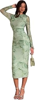 FASHION YARI Women's Sexy Round Neck Lounge Long Dress Elegant Long Sleeve Ribbed Bodycon Knee Length Dresses
