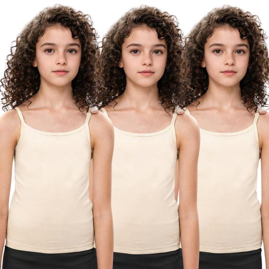 ADIRA | Girl Padded Camisole | Beginners Cami for Puberty | Flat Padding for Nipple Coverage | Confidence for School & Home | Stretchy Cotton | Girls Slip | Pack of 3 | Skin | XL