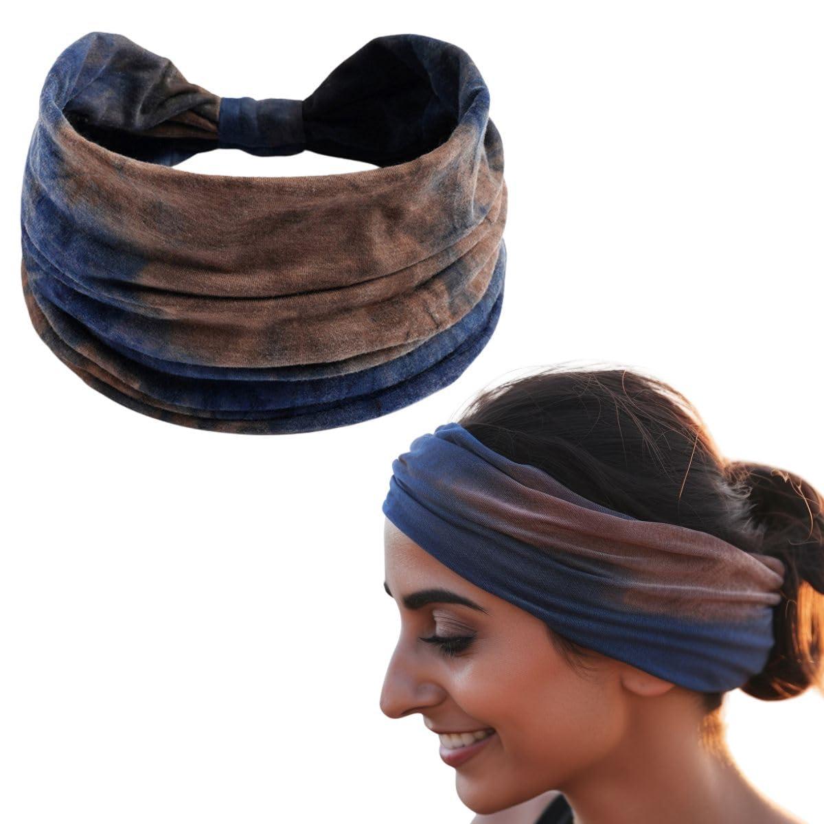 XFYT Stylish Tie-Dye Sports Chic Hair Bands | Gorgeous Dark Elegant Premium Head Band for Women Girls Yoga Workout Fitness Gym (Indigo Earth)