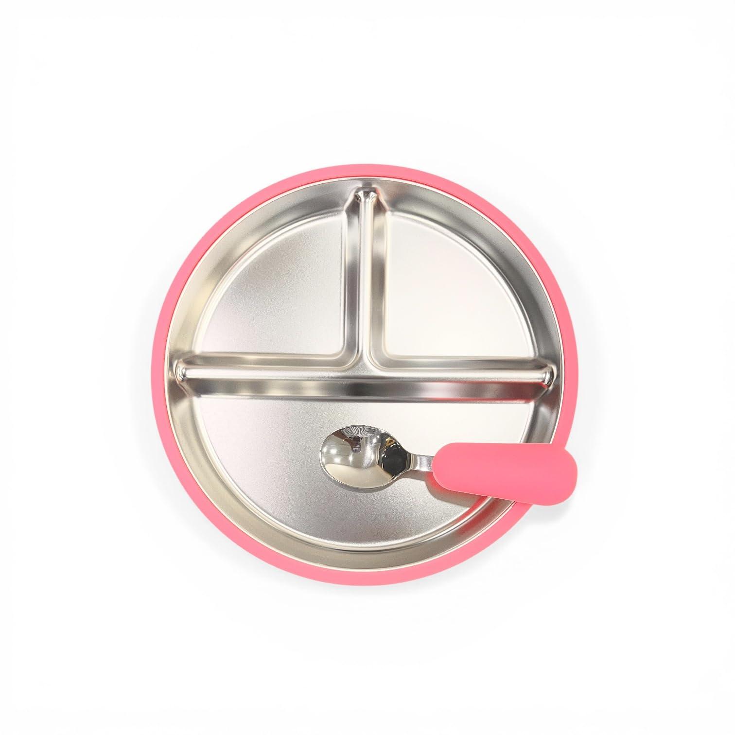 Soreign Stainless Steel Kids Suction Plate with Spoon | Silicone Suction Base Baby Feeding | Non-Slip BPA Free Toddler Self Feeding Plate | Food Grade Set of 1 (Pink)