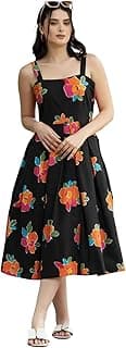Bollyclues Women’s Rayon Floral Maxi Dress for Women | Soft & Breathable Fabric | Sleeveless Square Neck Fit & Flare Dress | Stylish Casual, Summer & Vacation Wear