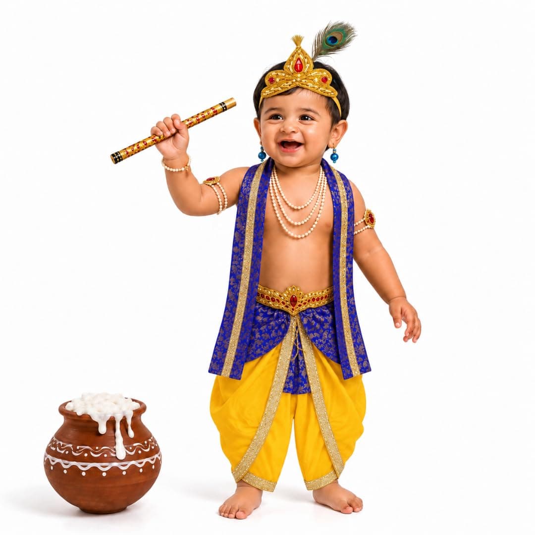 ITSMYCOSTUME Krishna Dress for Baby Boy Kids Set of 10(Dhoti,Patka,Hip Cover,Mukut,Morpankh,Bansuri,Kamarband,Bajuband,Kundal) Little Krishna Ji Kanha Janmasthmi Costume for Kids(Blue Yellow)