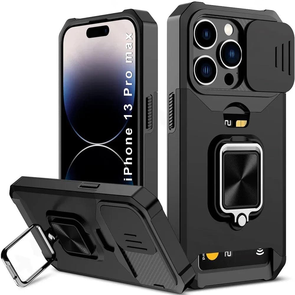 LuxuryKase Shockproof Armor Case for iPhone 13 Pro Max | Slide Camera Cover | Hidden Card Slot | Rotating Ring Kickstand | Magnetic Car Mount Support | Military Grade Protection – Black