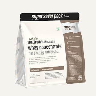 The Whole Truth Whey Protein Concentrate Unflavoured | 2 kg (4.4 lbs) | 26g Protein per scoop | 6.4g BCAA | No Adulteration | Clean and Light | Muscle Building | Vegetarian