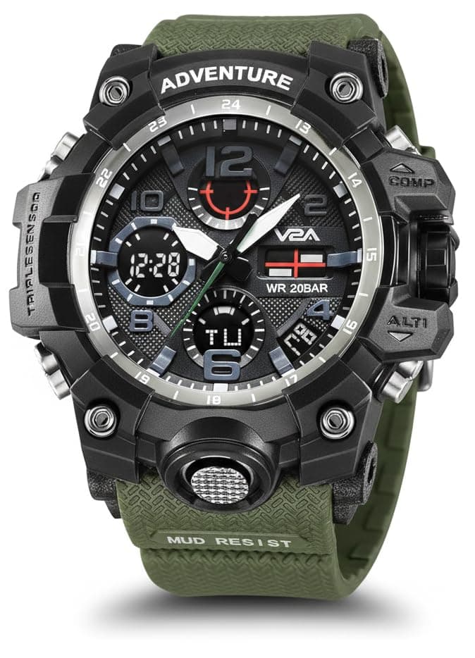 V2A Resin Military Green Chronograph Analogue And Digital Sports Watch For Men And Boys (Army Green), Black Dial, Black Band
