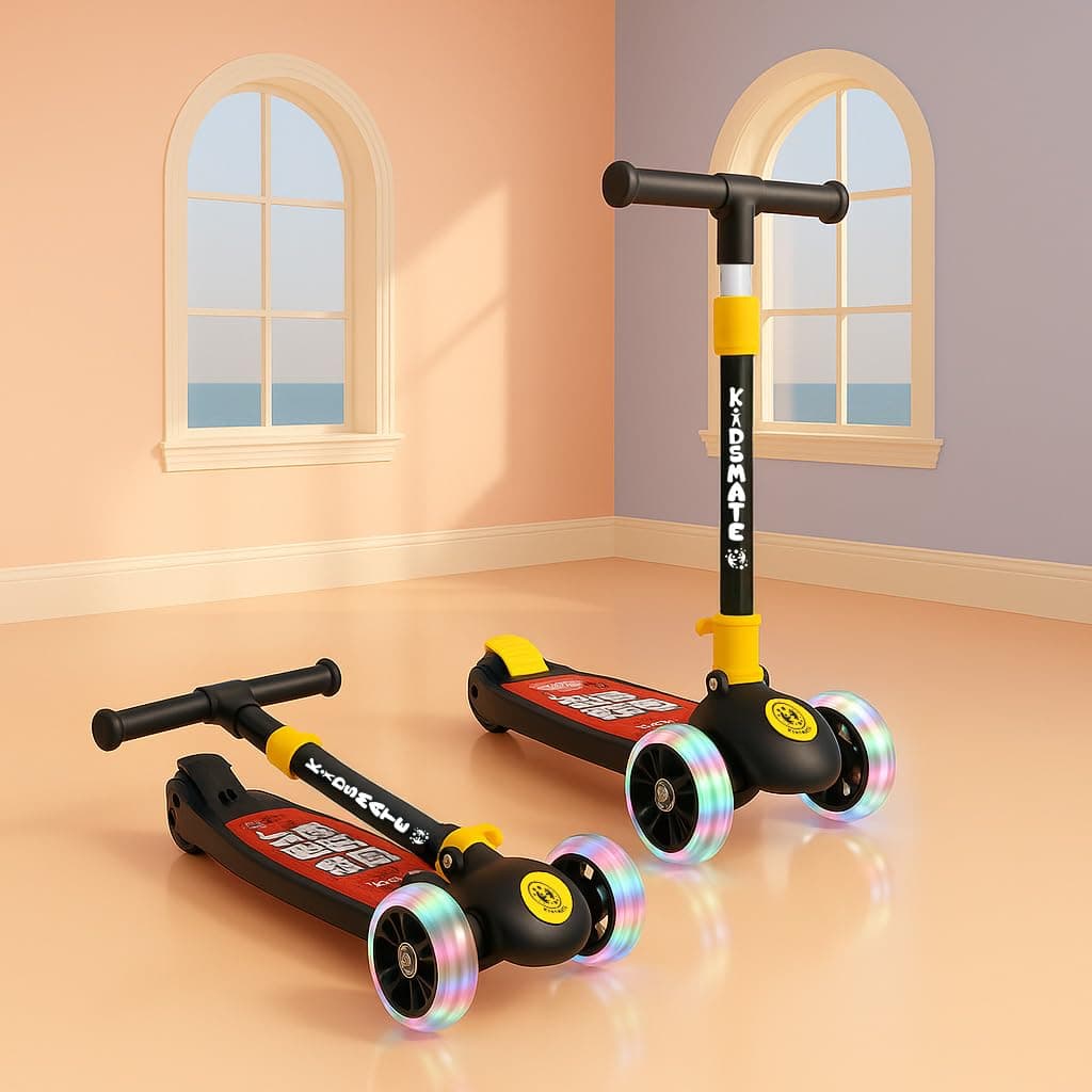 Kidsmate Speedy Kick Scooter for Kids (ISI Certified) with LED Wheel Lights, Height Adjustable Handlebar & Foldable Design & Rear Brakes for Kids of Age 3+ Years (Black)