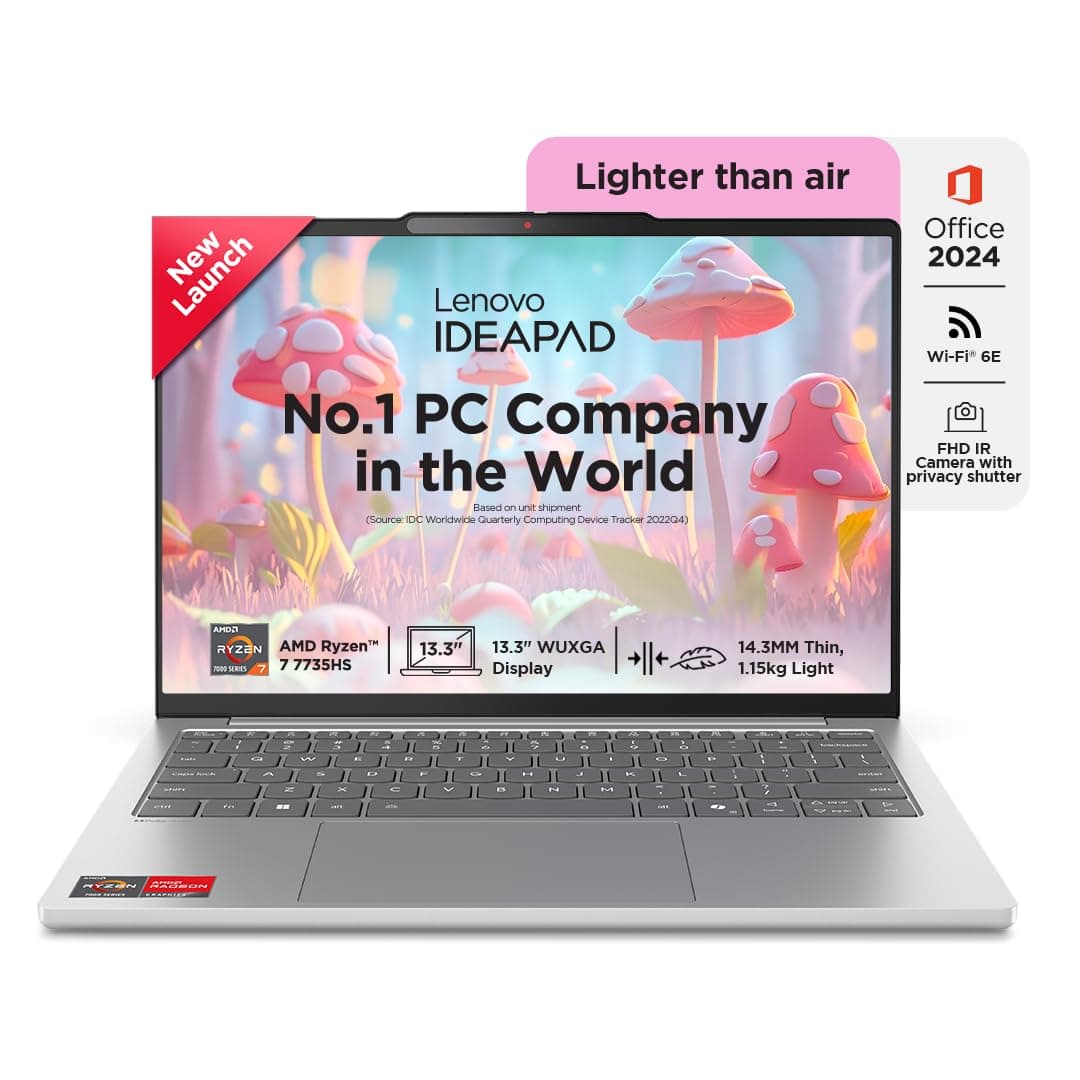 Lenovo IdeaPad Slim 5 Ryzen 7 7735HS (16GB RAM/512GB SSD/Integrated AMD Radeon 680M Graphics/WUXGA IPS Display/13.3" (33.7cm)/Windows 11/Office Home 2024/Backlit KB/Grey/1.15Kg), 83J2000HIN Laptop