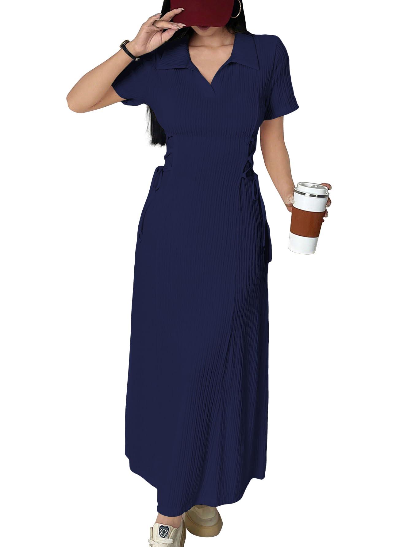 Shasmi Women’s Blue Solid Color Applique Lace-Up Collared Short Sleeve, Side-Tie Waist Long Casual Maxi Women Dress Outfit Long Evening Midi Western Party Dress for Women (Dress 211 Navy Blue-3XL)