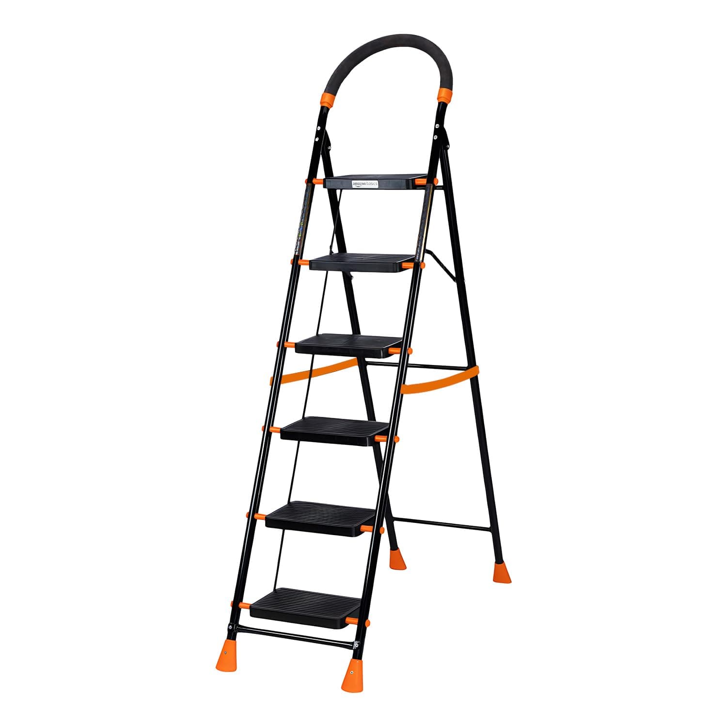 Amazon Basics Curvo-Foldable Step Ladder, Ribbed Steps, Knee Guard, Non-Marring PVC Shoes, 6 Steps (Black & Orange)