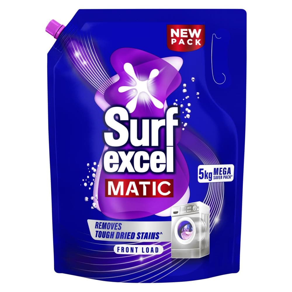 Surf Excel Matic Front Load Liquid Detergent 5Kg Refill Pouch, Specially designed to remove Tough Dried Stains, 1st time in Washing Machine