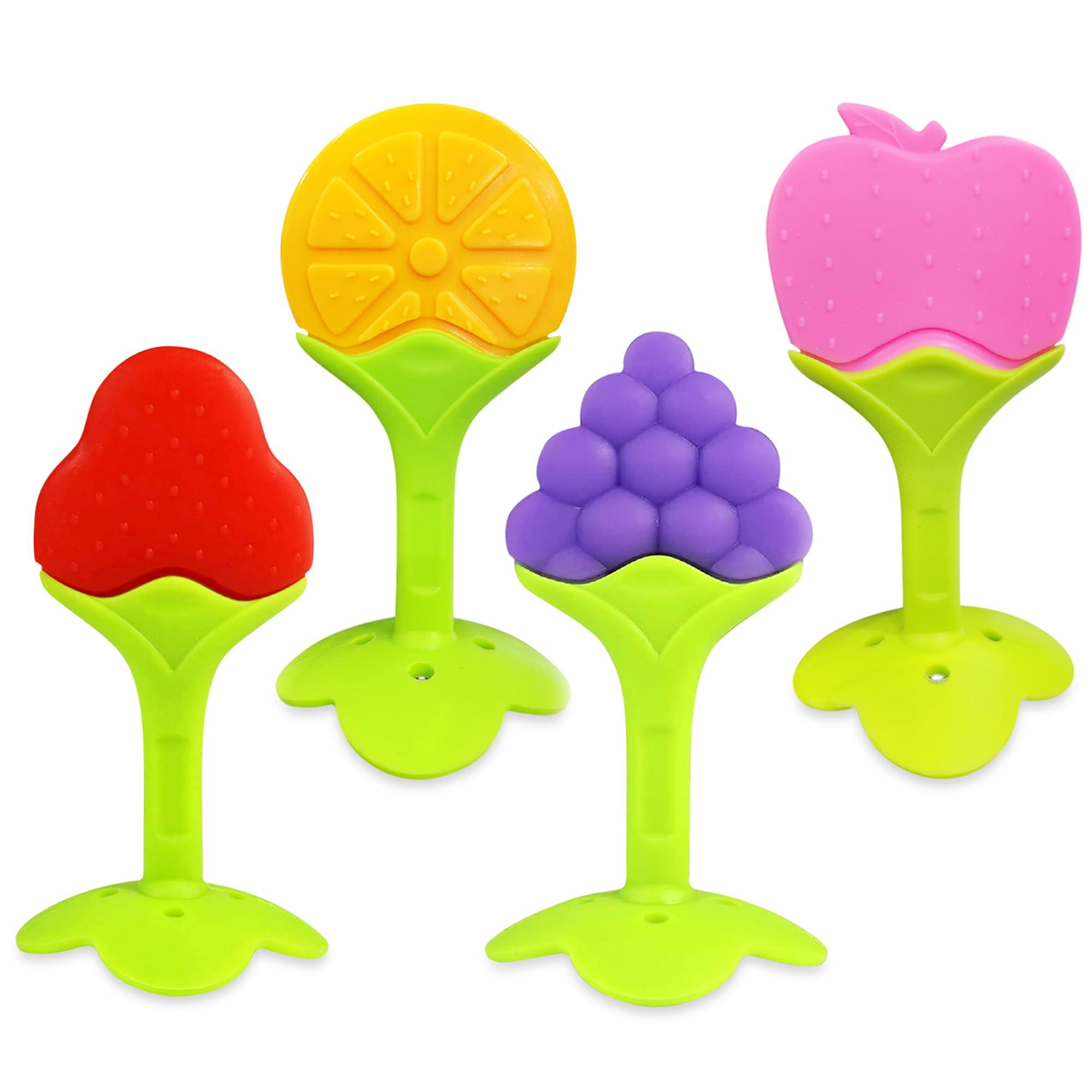 GLUN® Pack of 4 Silicone Baby Teether Toys for 5-12 Months, BPA Free Baby Teether, Sensory Teether & Baby Chew Toy, Soft Gum Relief Toy for Infants, Strawberry Orange Grape Apple Shapes, Gum Massager