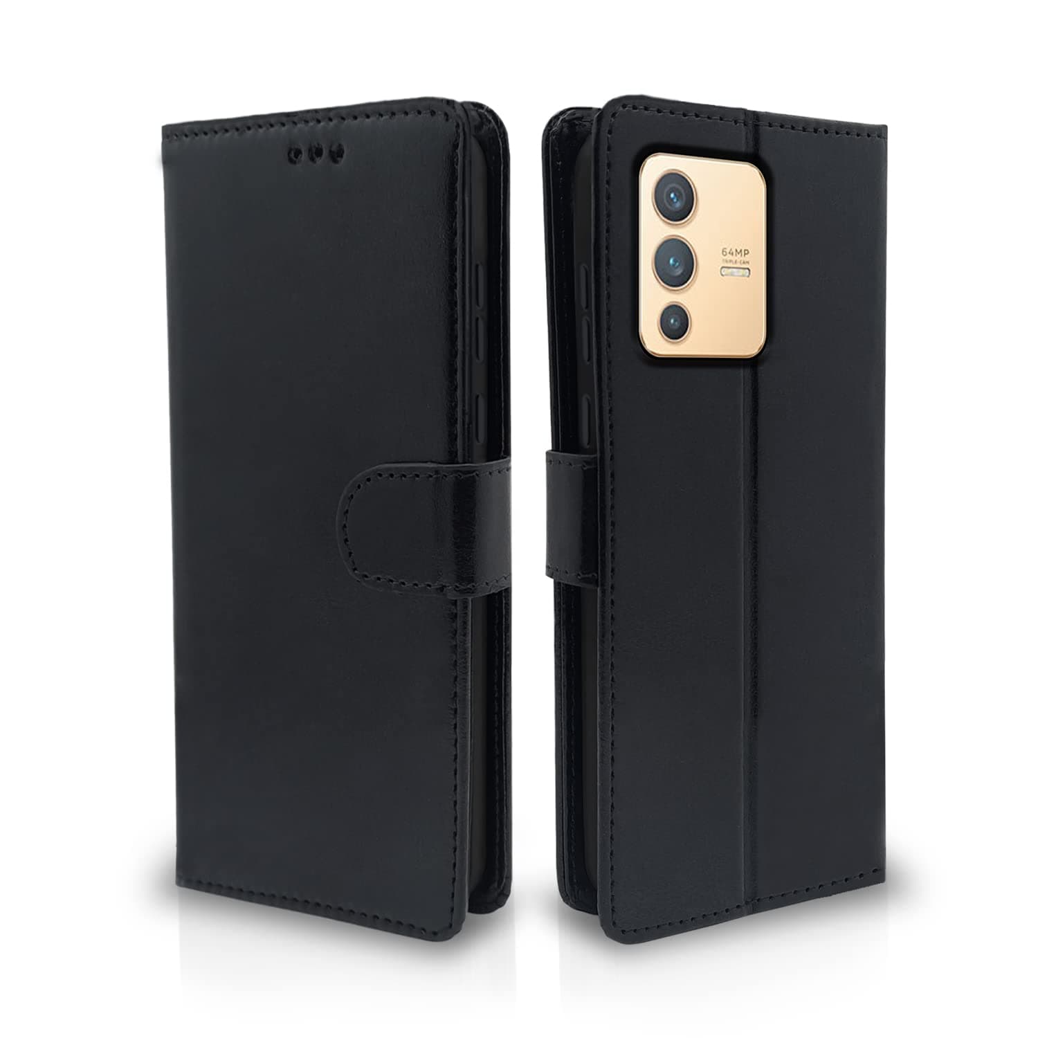 Pikkme Vivo V23 5G Flip Case Leather Finish | Inside TPU with Card Pockets | Wallet Stand and Shock Proof | Magnetic Closing | Complete Protection Flip Cover for Vivo V23 5G (Black)