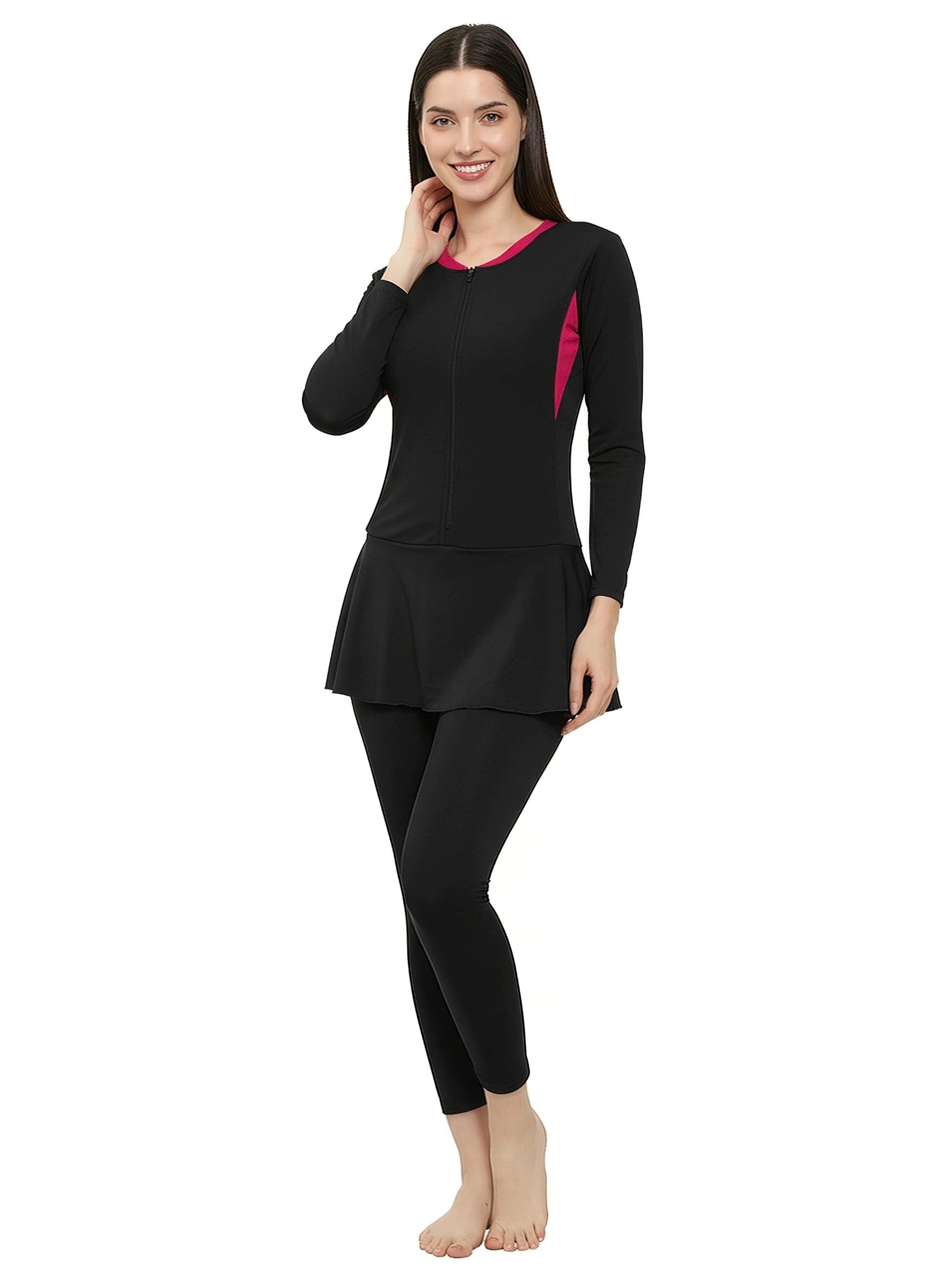 MEGASKA Women Color Block Full Coverage One Piece Swimsuit with Removable Chest Pads Front Zipper Frock Style Design Swimming Costume_Black_XL