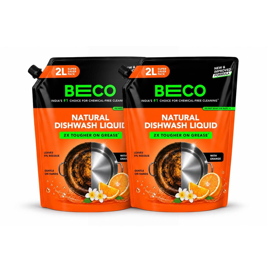 Beco Natural Dishwasher Liquid Refill | 4L - 2 x 2L Pack | Anti-Bacterial Formula | Orange Citrus Freshness | Ecofriendly Dish Washing Liquid Gel | Tough Grease Removal | Leaves No Residue on Utensils