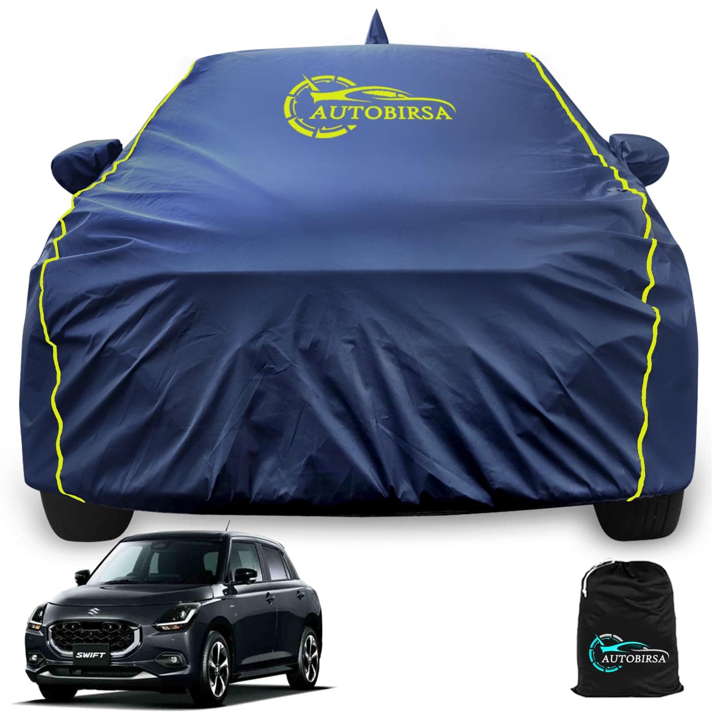 Autobirsa Waterproof Car Body Cover for Maruti Swift 2025 Hybrid 100% All Weather Proof with Mirror Packet & Full Bottom Elastic, Triple Stitching with 100% Nail Proof Cover Navy Blue