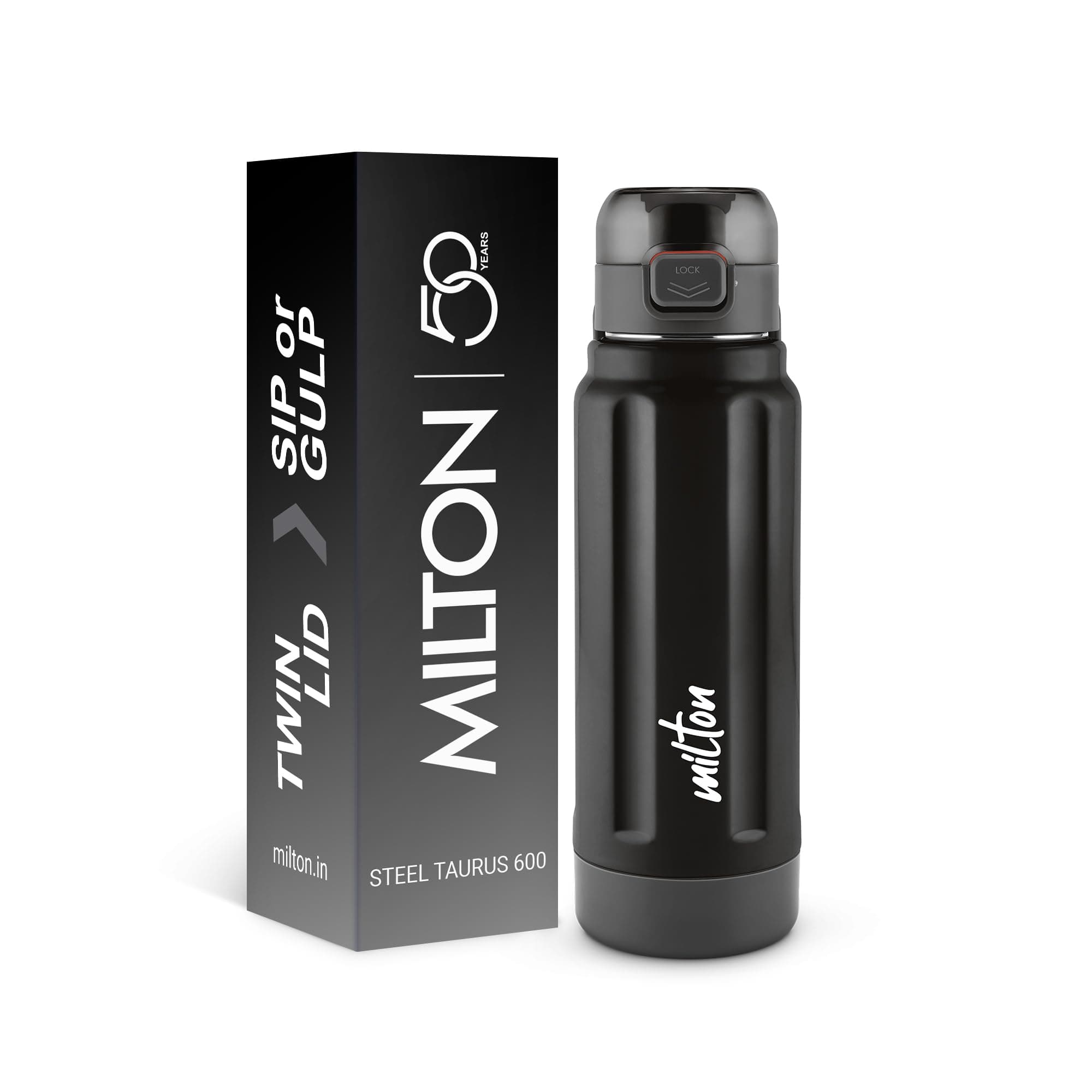 Milton Taurus 600 Steel Thermoware, Inner Stainless Steel, PU Insulated, Leak Proof Water Bottle for School Kids, Office, Gym, Easy to Carry Handle, 560 ml, Black