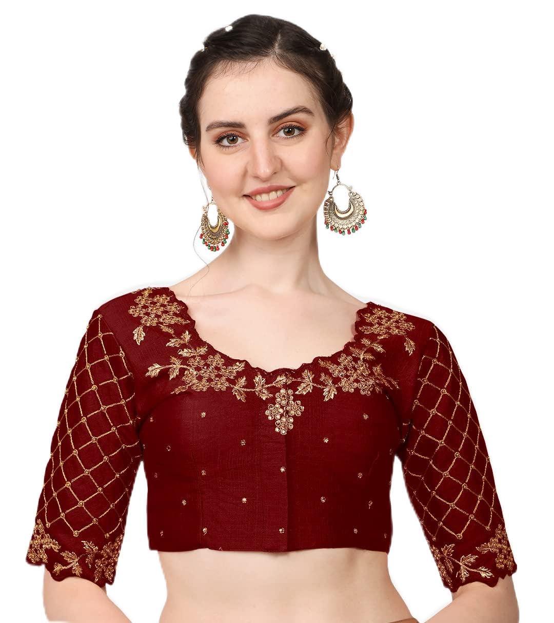 Pujia Mills Women's Embroidery Handwork, Rough Cut Work Stone Work Readymade Blouse (32, Marun)