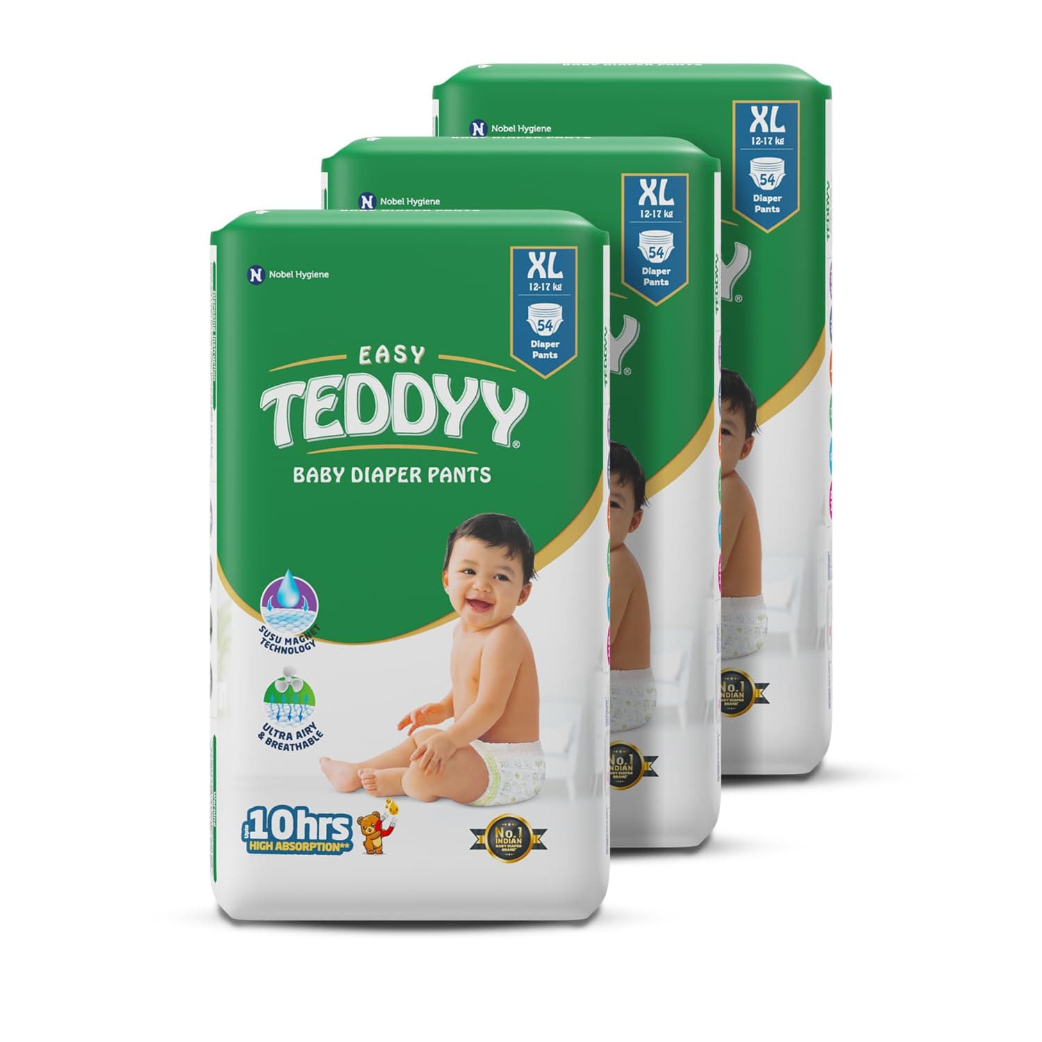 TEDDYY Baby Easy Pant Diapers Extra Large 162 Count (Pack of 3), 12-17 kgs, 10 hrs Leak Protection, Anti - Bacterial