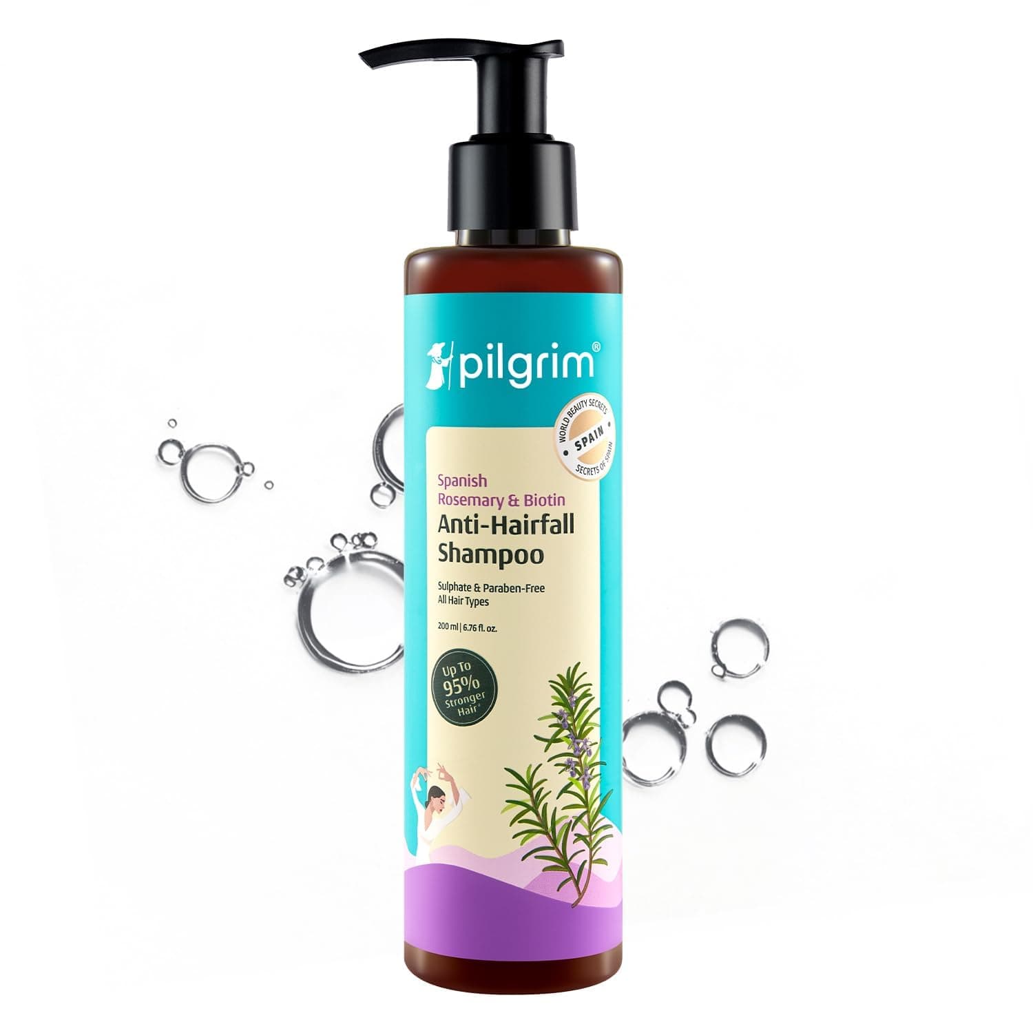 Pilgrim Spanish Rosemary & Multi-Protein Serum Anti Hairfall Shampoo - 200ml | Hair Fall Control, Reduces Breakage, Natural DHT Blocker | With Triple-Oil Nourishiment | Upto 95% stronger hairs | For all hair types