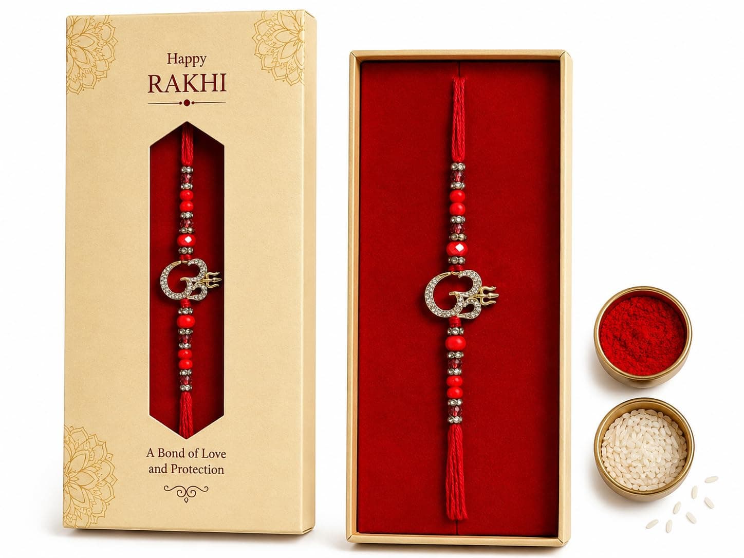 Tripurari Rakhi set for brother for Rakshabandhan with Roli Chawal (Rakhi set for brother - Om big)