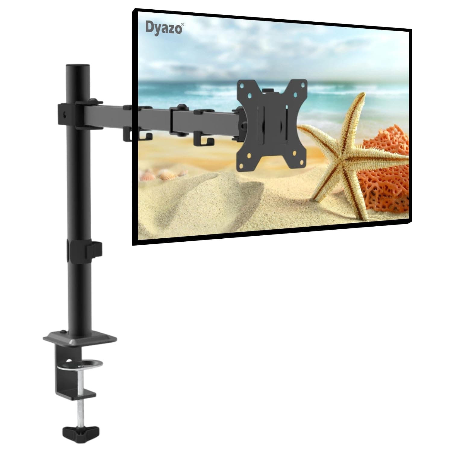 Dyazo Single Monitor Desk Mount Stand | Height Adjustable Fully Articulating Arm for 13–32 Inch Screens | VESA 75×75/100×100 Compatible | Tilt & Rotate Monitor Holder with C-Clamp/Grommet Base (Black)