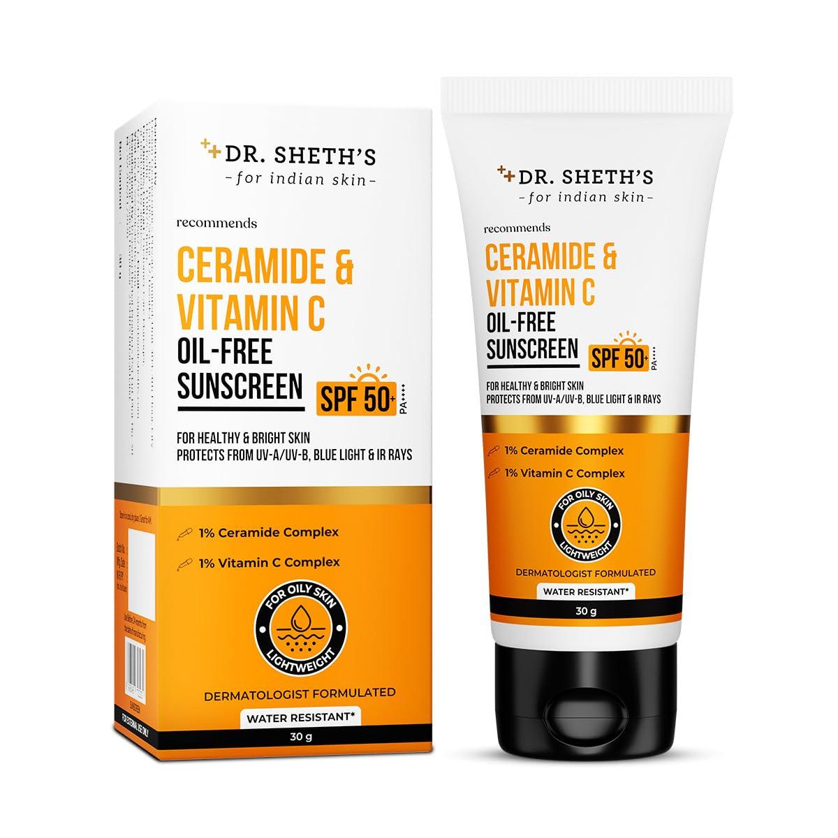 Dr. Sheth's Ceramide & Vitamin C Oil-Free Sunscreen SPF 50+ PA++++ |In-Vivo Tested | For Healthy & Bright Skin | Lightweight & Non Greasy | For UVA/UVB & Blue Light & IR Protection | No white cast | For Oily Skin | For Men & Women | 30 g