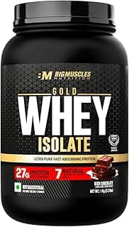 Bigmuscles Nutrition Gold Whey Isolate (1kg, Rich Chocolate) | 27g Whey Protein Isolate 90% | 7 Natural Ingredients Only | 0 Added Sugar | Clean Label Project Purity Award USA
