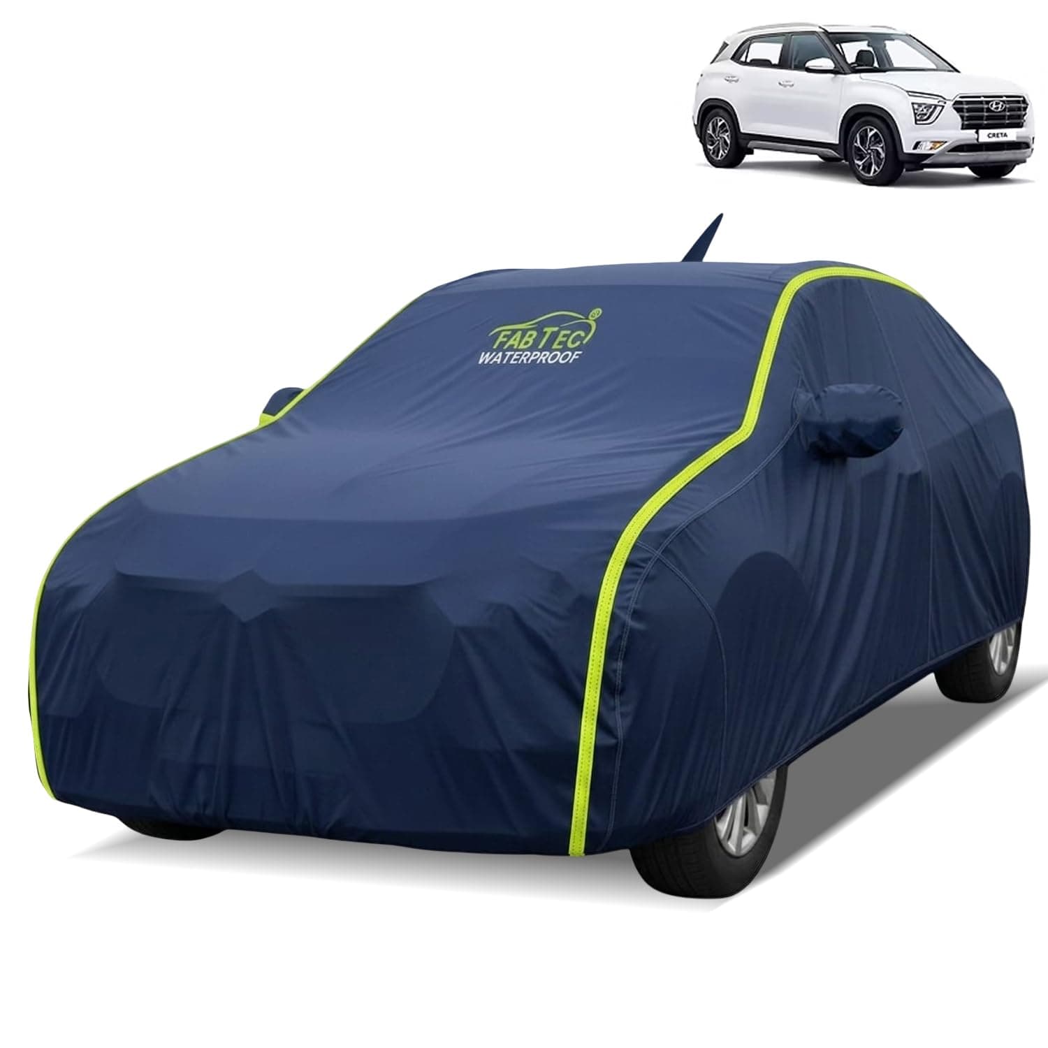 FABTEC Waterproof Car Body Cover for Hyundai Creta Outdoor/Indoor All Weather Protection with Mirror & Antenna Pocket Triple Stitched (Premium Navy Blue with Neon Piping)