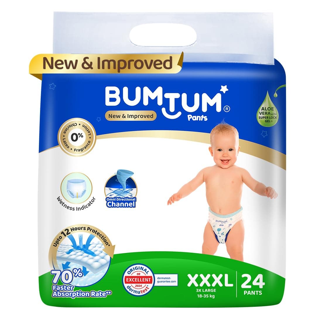 Bumtum Baby Diaper Pants, XXXL Size 24 Count, Double Layer Leakage Protection Infused with Aloe Vera, Cottony Soft High Absorb Technology (Pack of 1, 18-35 kg)