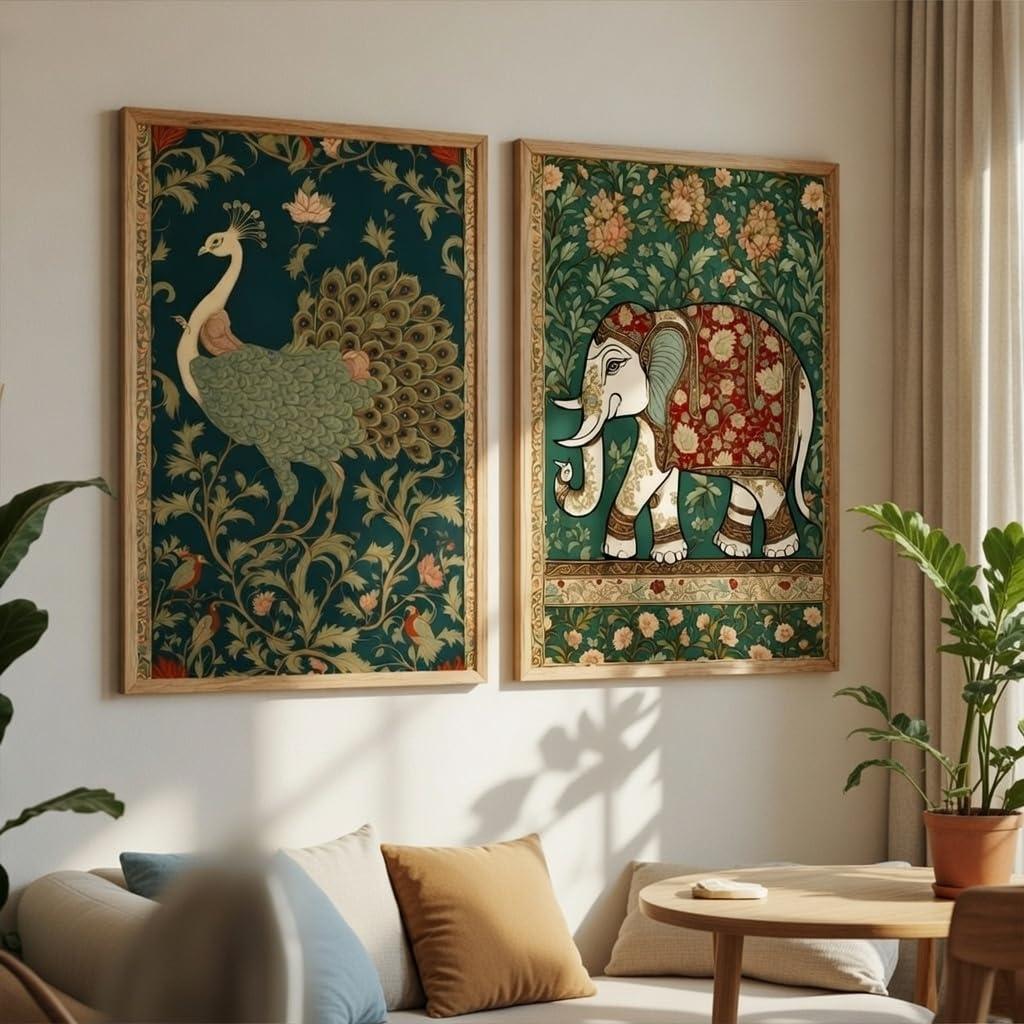 Livin’luxe Set of 2 Peacock and Elephant Wall Art Premium MDF Wooden Color Framed HD UV Printed Traditional Indian Painting for Living Room Bedroom Home Decor 13.5 Inch x 19.5 Inch