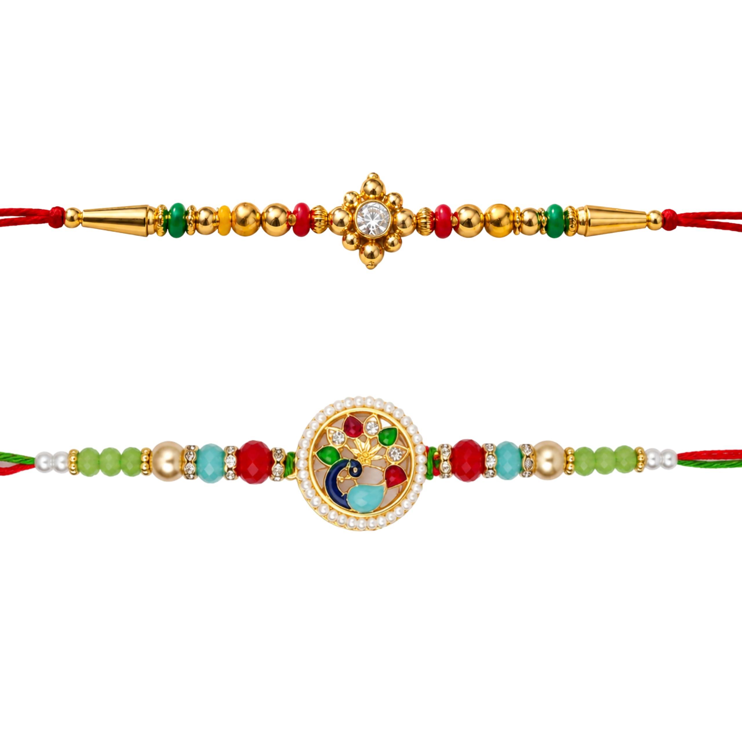 Shreeji Creations Designer Peacock & Golden Floral Rakhi Combo Set of 2