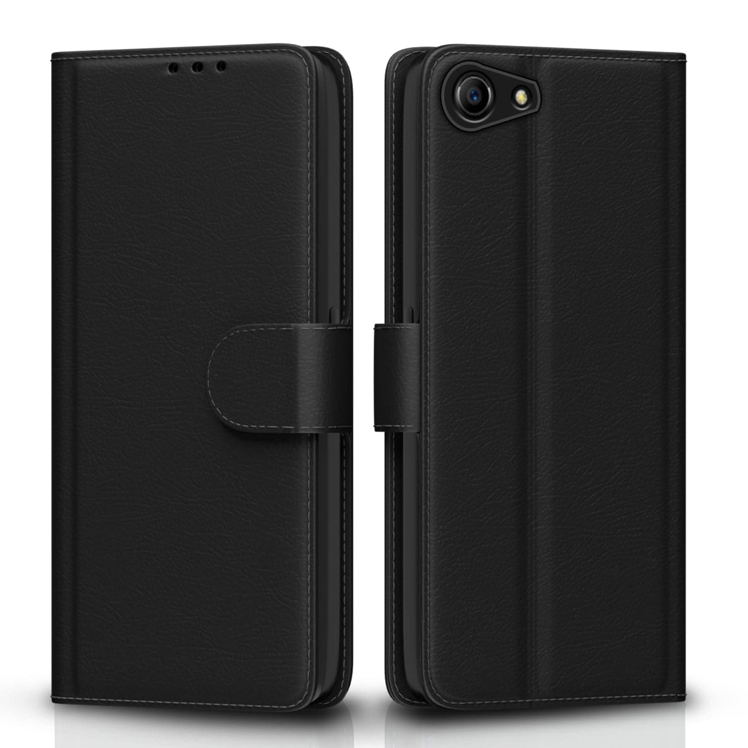 Pikkme Oppo A83 Flip Case Leather Finish | Inside TPU with Card Pockets | Wallet Stand and Shock Proof | Magnetic Closing | Complete Protection Flip Cover for Oppo A83 (Black)