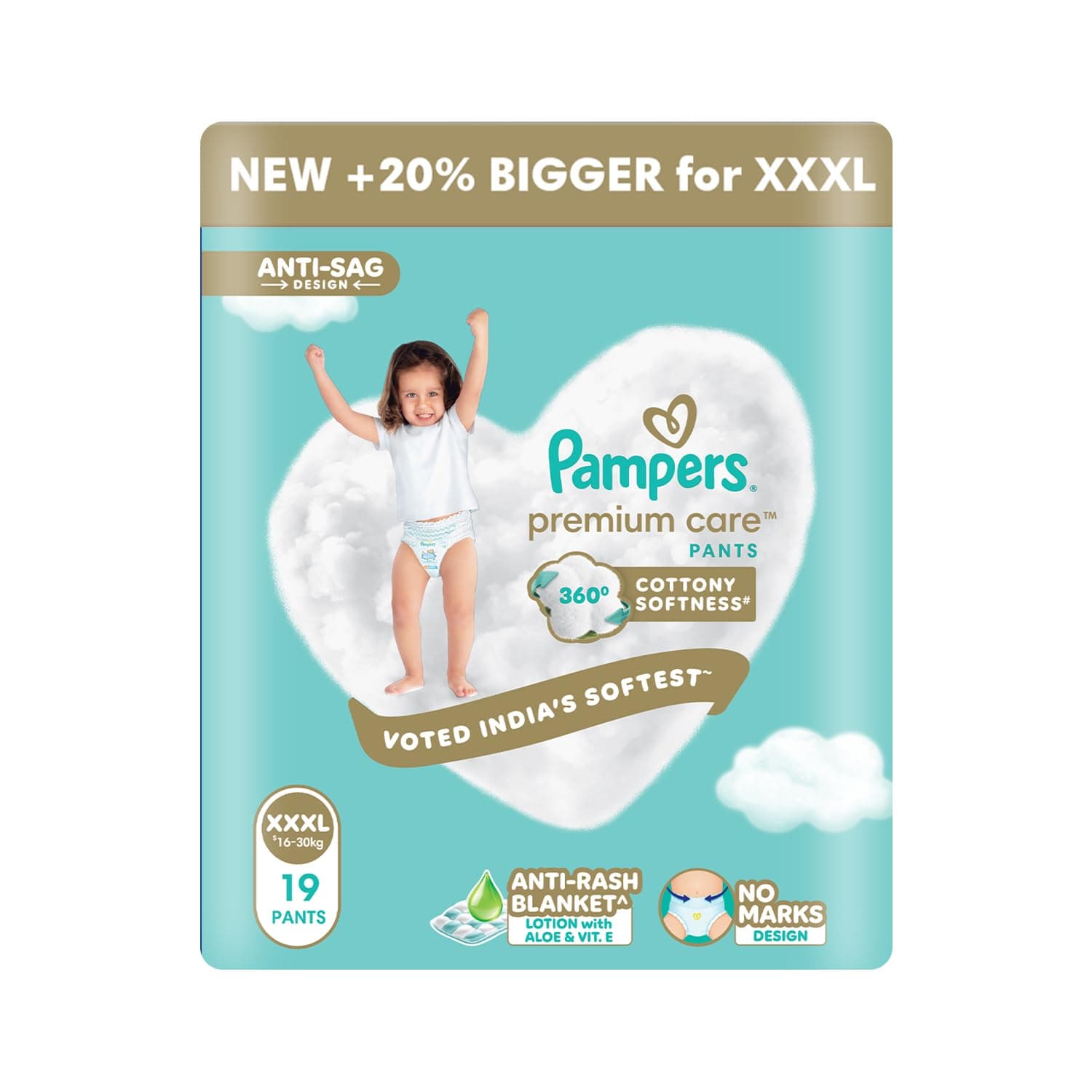 Pampers Premium Care Pant Style Baby Diapers XXXL 19 Count | No Marks Design | Voted India’s #1 Softest Diaper | All in 1 diaper with 360 Cottony Softness